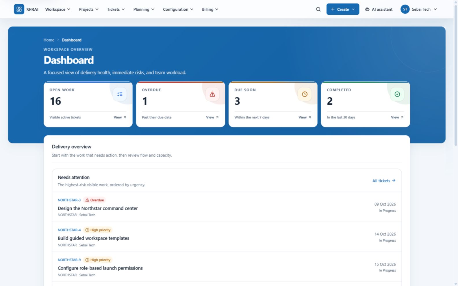 SEBAI workspace dashboard showing delivery health and work that needs attention