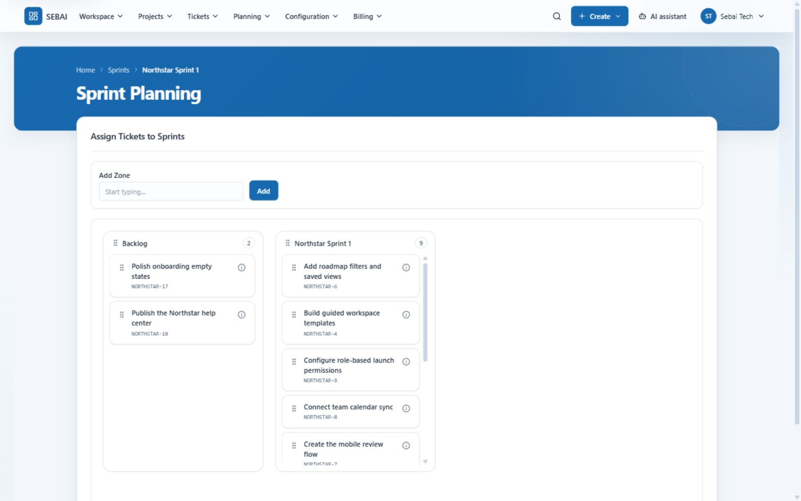 SEBAI sprint planning view with backlog and sprint ticket columns