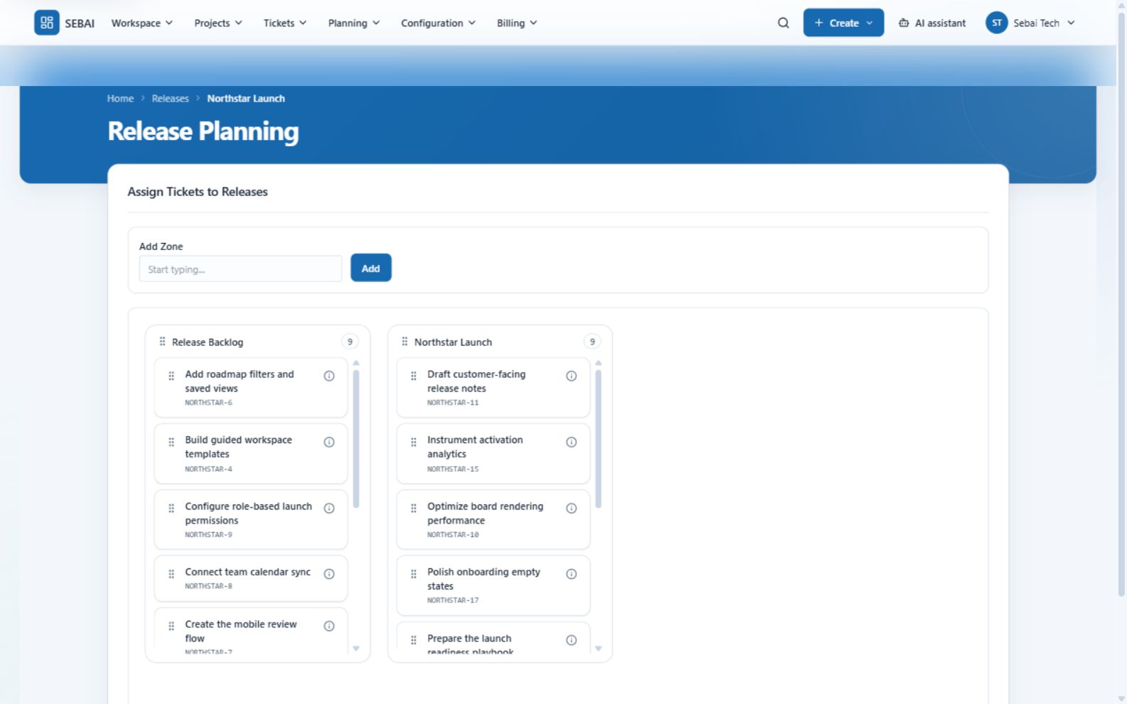 SEBAI release planning view for assigning tickets to a release