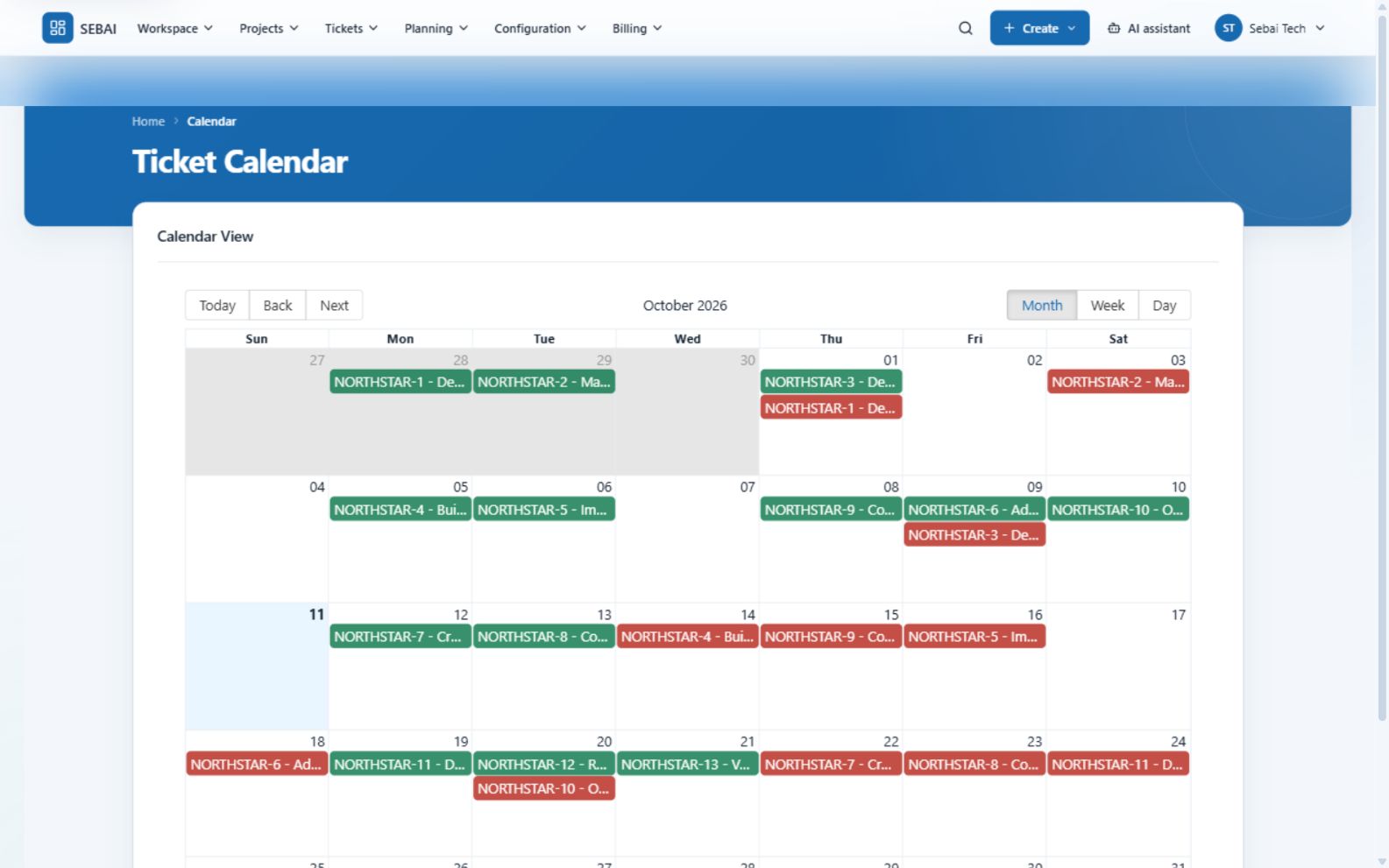 SEBAI calendar showing scheduled project work