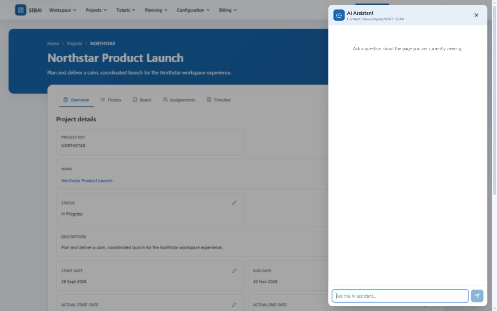 SEBAI contextual AI assistant open beside a project overview
