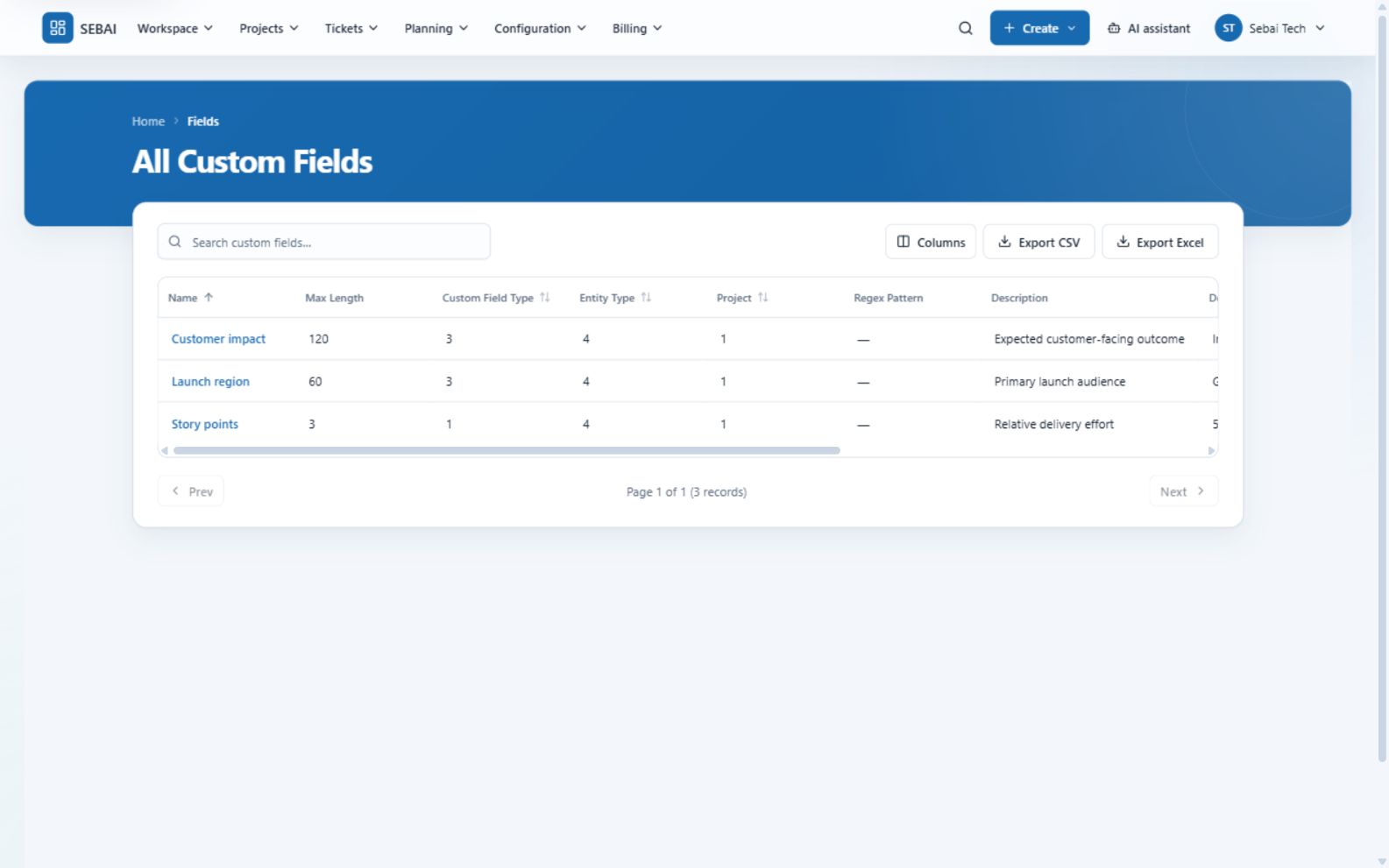 SEBAI custom fields configuration table