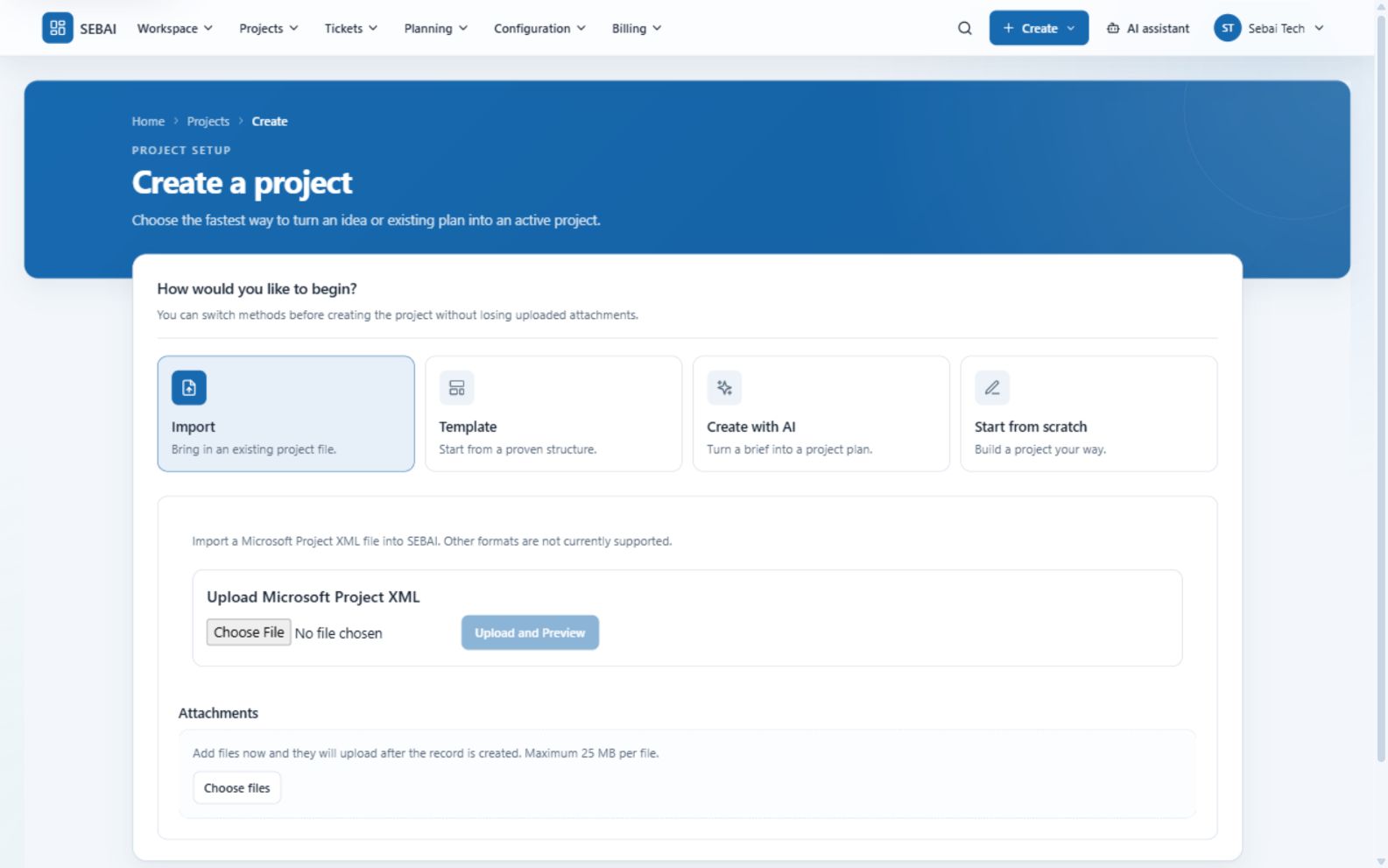 SEBAI project creation flow with Microsoft Project XML import selected